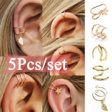 5pcs/set Ear Cuffs Leaf Star Clip Ring Earrings for Women No Piercing Fake Cartilage Earring Studs Ear Stud Set Clip Cuff