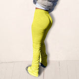 Women High Waist Sweatpants Pleated Joggers 2020 Elastic Summer Stacked Leggings Hem Flare Ruched Pant Split Bell Bottom Trouser