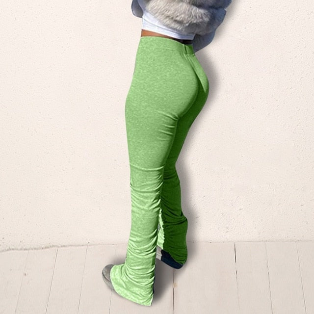 Women High Waist Sweatpants Pleated Joggers 2020 Elastic Summer Stacked Leggings Hem Flare Ruched Pant Split Bell Bottom Trouser