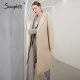 Simplee Fashion female winter windproof jacket  Casual sashes women winter parka Long straight coat with rhombus pattern 2020
