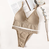Women Bra Panties Set Sexy G-String Push Up Lingerie Seamless Active Bra Streetwear Padded Fitness Female Crop Top Underwear Set