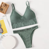 Women Bra Panties Set Sexy G-String Push Up Lingerie Seamless Active Bra Streetwear Padded Fitness Female Crop Top Underwear Set