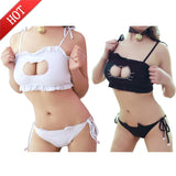 Womens Girls Sexy Lingerie Cosplay Maid Uniform Neko Cat Keyhole Bra Briefs Collar Set Lingerie Underwear (Bell Choker+Top+Panti