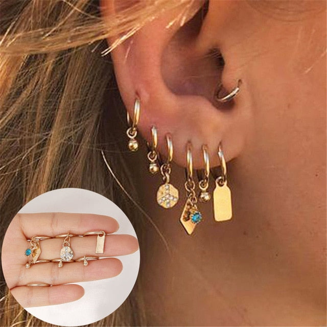 Boho Gold Crystal Pearl Earrings Set Women Heart Moon Star Cross Geometric Feather Female Earring Vintage Fashion Jewelry 2020