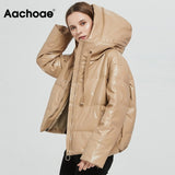 Aachoae Women Thick Warm PU Faux Leather Padded Coat 2020 Winter Zipper Hooded Jacket Parka Long Sleeve Pockets Outerwear Tops