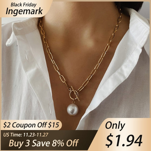 Gothic Baroque Pearl Pendant Choker Necklace for Women Wedding Punk Big Bead Lariat Gold Color Long Chain Necklace Jewelry