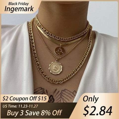 Punk Miami Cuban Choker Necklace Steampunk Men Jewelry Vintage Big Coin Pendant Chunky Chain Necklace for Women Neck Accessories