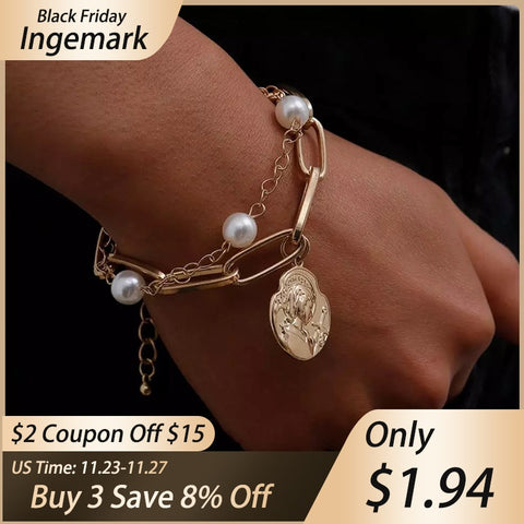 High Quality Charm Imitation Pearl Bracelet Bangle for Women Armband Steampunk Lock Chunky Chain Bracelets Friend Couple Jewelry