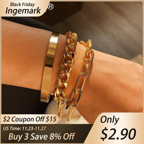 Ingemark Vintage Snake Chain Bracelets Set for Women Beach Bohemian Fashion Thick Iron Link Bracelet Bangles Punk Hand Jewelry