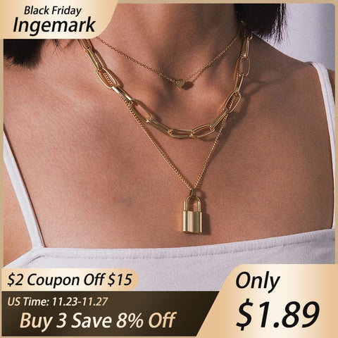 Ingemark Multi Layer Lover Lock Pendant Choker Necklace Steampunk Padlock Heart Chain Necklace Collier Best Couple Jewelry Gift