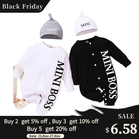 PatPat 2020 Hot Sale Autumn Winter Baby Boy MINI BOSS Baby Rompers with Hat Baby Girl Boy One Pieces Jumpsuits Baby Clothing