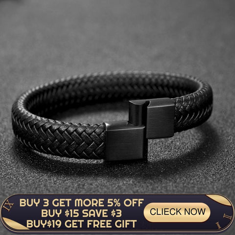 Jiayiqi Punk Men Jewelry Black/Brown Braided Leather Bracelet Stainless Steel Magnetic Clasp Fashion Bangles Gift 18.5/22/20.5cm
