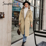 Simplee Causal light tan autumn women trench coat Split joint elegant long sleeve coat Plaid long coat with belt windbreaker