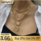 IngeSight.Z Punk Multi Layer Curb Cuban Chunky Thick Portrait Choker Necklace Women Vintage Carved Coin Pendant Necklace Jewelry