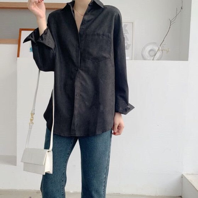 Lizkova White Blouse Women Long Sleeve Oversized Shirt 2020 Pocket Chemise Streetwear Tops 8866