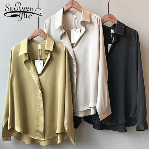 2020 Spring Women Fashion Long Sleeves Satin Blouse Vintage Femme V Neck Street Shirts Elegant Imitation Silk Blouse 5273 50