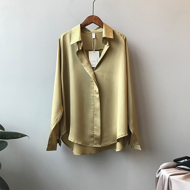 2020 Spring Women Fashion Long Sleeves Satin Blouse Vintage Femme V Neck Street Shirts Elegant Imitation Silk Blouse 5273 50