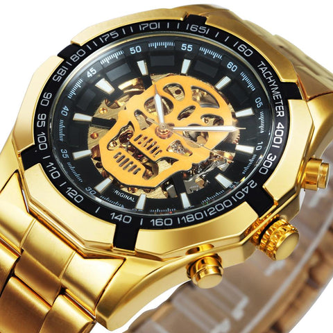 WINNER Official Automatic GOLD Watch Men Steel Strap Skeleton Mechanical Skull Watches Top Brand Luxury Dropshipping Wholesale