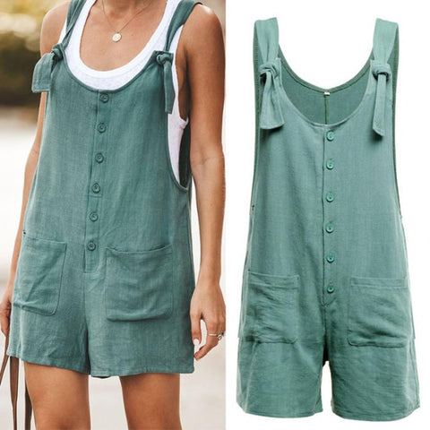 Women Rompers Summer Casual Loose Sleeveless Jumpsuit Solid Button Pocket Suspenders Bib Short Pants Wide Leg Playsuits Overalls