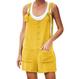Women Rompers Summer Casual Loose Sleeveless Jumpsuit Solid Button Pocket Suspenders Bib Short Pants Wide Leg Playsuits Overalls