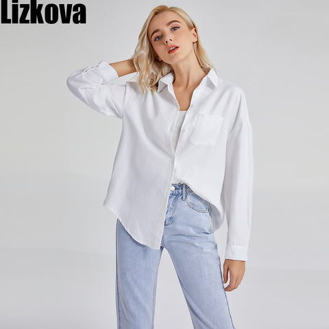 Lizkova White Blouse Women Long Sleeve Oversized Shirt 2020 Pocket Chemise Streetwear Tops 8866