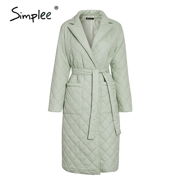 Simplee Long straight winter coat with rhombus pattern Casual sashes women parkas Deep pockets tailored collar stylish outerwear