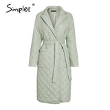 Simplee Long straight winter coat with rhombus pattern Casual sashes women parkas Deep pockets tailored collar stylish outerwear