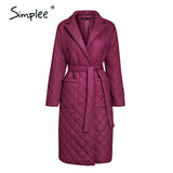 Simplee Long straight winter coat with rhombus pattern Casual sashes women parkas Deep pockets tailored collar stylish outerwear