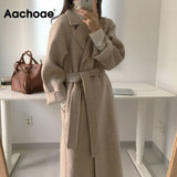 Aachoae Women Elegant Long Wool Coat With Belt Solid Color Long Sleeve Chic Outerwear Ladies Overcoat Autumn Winter 2020