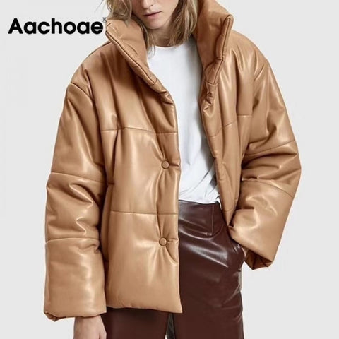 Women PU Leather Parkas Fashion High Street Solid Faxu Leather Coats Elegant Winter Thick Cotton Jackets Loose Outerwear