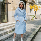 Simplee casual light blue autumn winter women long parkas Warm hooded long sleeve female jacket High street Down Jackets 2020