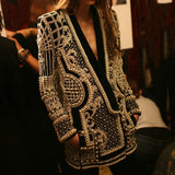 Women Overcoat Beaded Geometric 2020 Autumn Winter Long Sleeves V-Neck Vintage Ladies Outwear Overcoats  Retro Chic Female Coats