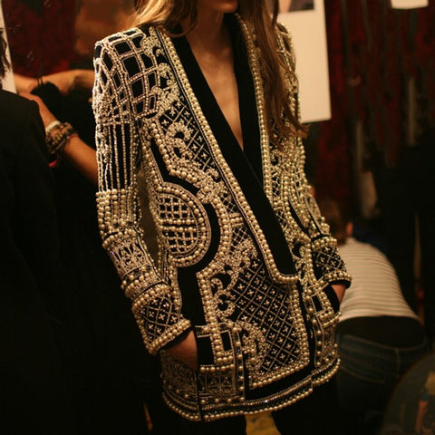 Women Overcoat Beaded Geometric 2020 Autumn Winter Long Sleeves V-Neck Vintage Ladies Outwear Overcoats  Retro Chic Female Coats
