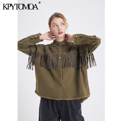 Vintage Stylish Fringe Beaded Loose Denim Jacket Coat Women 2020 Fashion Long Sleeve Frayed Trim Ladies Outerwear Chaqueta Mujer