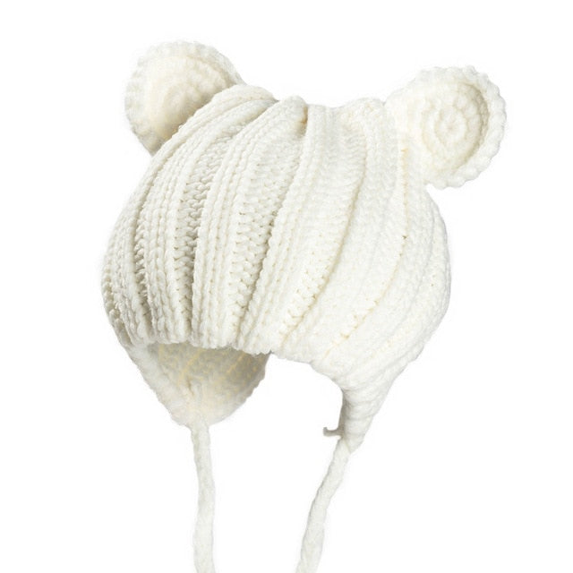 Knitted Winter Baby Hat with Ears Cartoon Lace-up Children Kids Baby Bonnet Cap for 1-3 Years 5 Colors