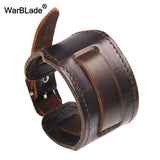 WarBLade New Fashion Men Wide Genuine Leather Bracelet Brown Wide Cuff Bracelets & Bangles Vintage Punk Wristband Men Jewelry