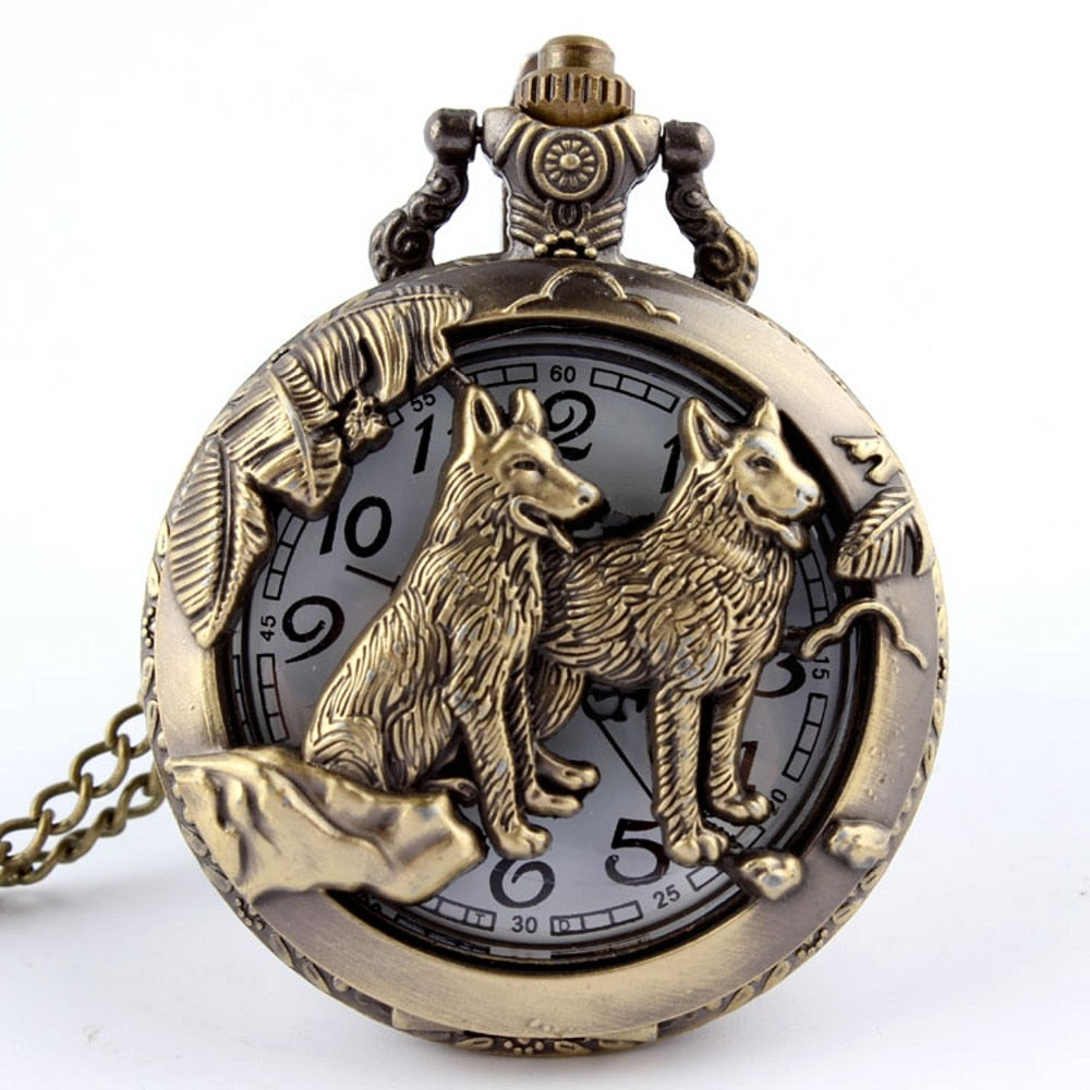 Retro Bronze Dog Wolf Holow Quartz Pocket Watch With Necklace Chain Women Mens Cool Pendant Clock Classic Quartz Pocket Watches
