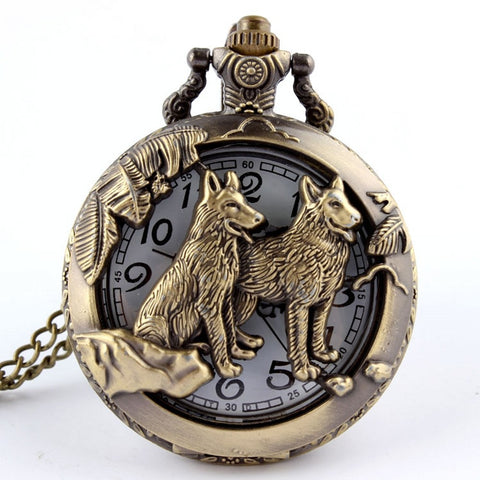 Retro Bronze Dog Wolf Holow Quartz Pocket Watch With Necklace Chain Women Mens Cool Pendant Clock Classic Quartz Pocket Watches