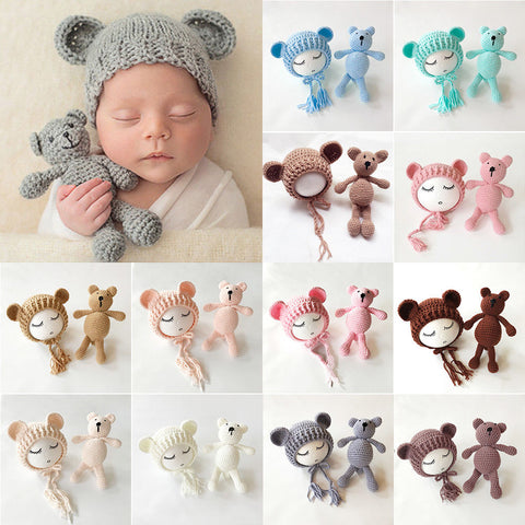 Newborn Baby Hats Photography Props Girls Boys Crochet Knit Costumes Caps With Ear Bear Toys+Hats 2Pcs Cute Gifts For Baby