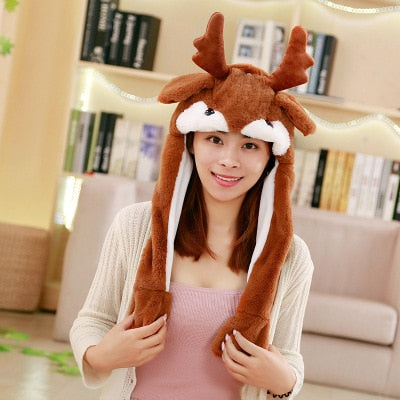 Girls Animals Ear Moving Jumping Hats Children Women Warm Plush Rabbit Winter Caps Kids Cute Bunny Fuzzy Pinch Airbag Funny Hats