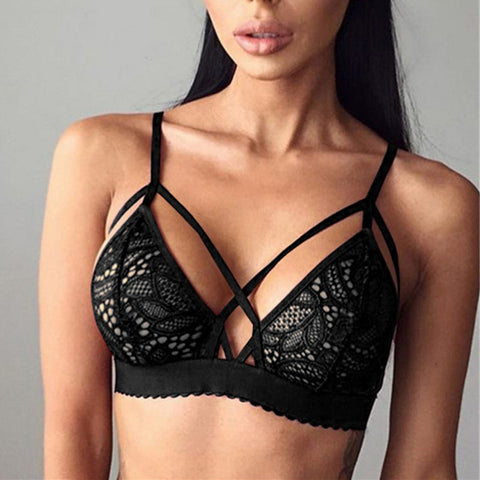 Women Sexy Crossing Bandage Crop Tops Sheer Lace Bra Top Seamless Black Bralette Wireless bustier Tank Top Camis Sexy Lingerie